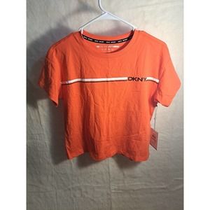 DKNY Womens Logo-Stripe Cotton T-Shirt XS Orange